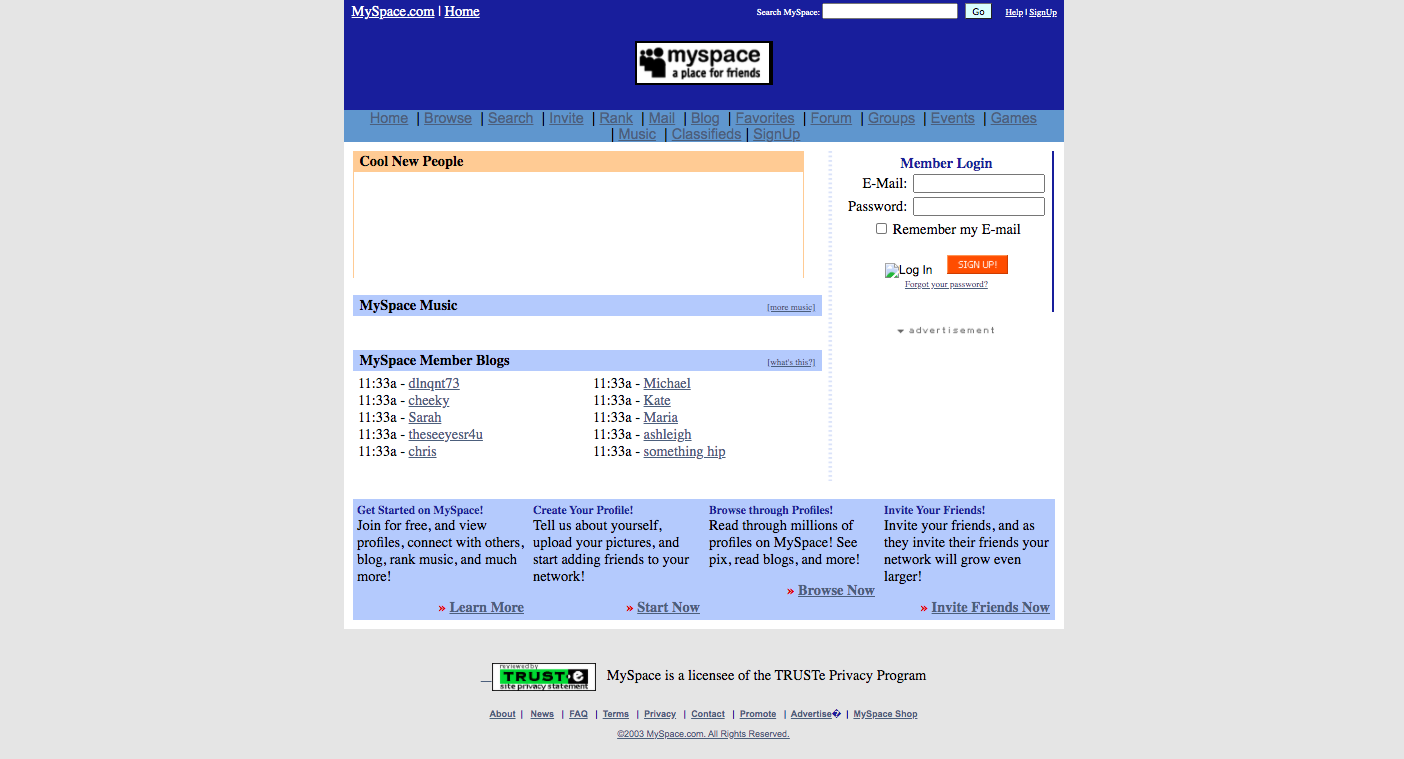  Web screenshot of MySpace homepage. Text reads: 'Cool New People,' 'MySpace Music,' and login fields.